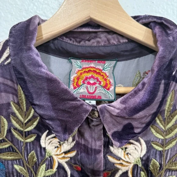 Johnny Was Velvet Purple Camouflage Floral Embroidered Shirt